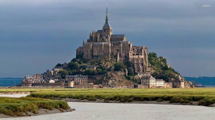 France, landscape, Mont Saint, Michel, church, building, castle, plains, medieval