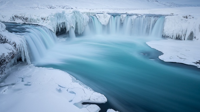 landscape, river, ice, winter, nature, waterfall