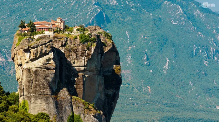 house, rock, Meteora, mountain, landscape, nature, building