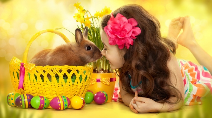 barefoot, children, rabbits, Easter, daffodils, baskets, flower in hair, eggs