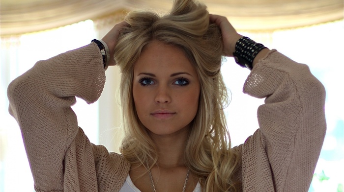 blonde, blue eyes, model, looking at viewer, girl, hands on head, long hair, Emilie Marie Nereng, sweater, face