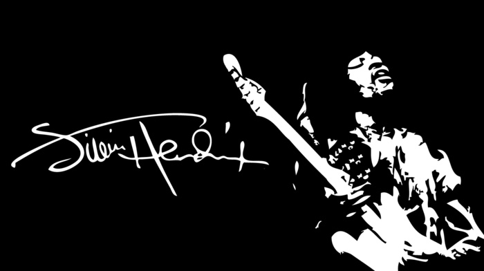 Jimi Hendrix, blues rock, signatures, guitar, musicians, minimalism, singer, black background, Afro, legends, playing, artwork, white, monochrome, men