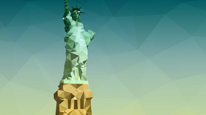 triangle, statue of liberty, Adobe Photoshop, low poly, blue