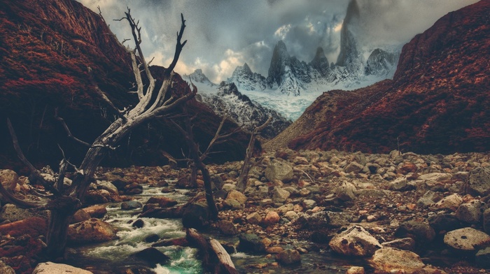 clouds, trees, river, rock