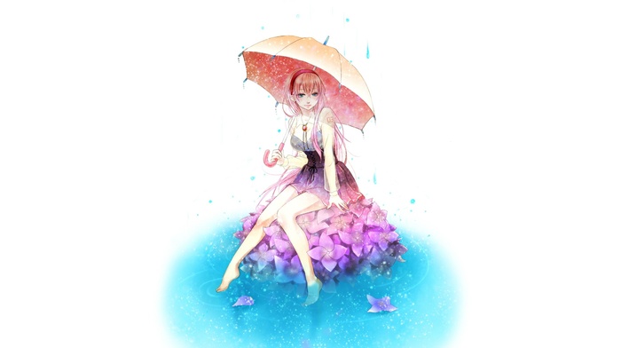 Vocaloid, umbrella, flowers, rain, Megurine Luka