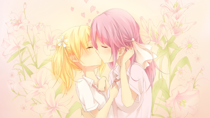 kissing, flowers, Sakura Trick