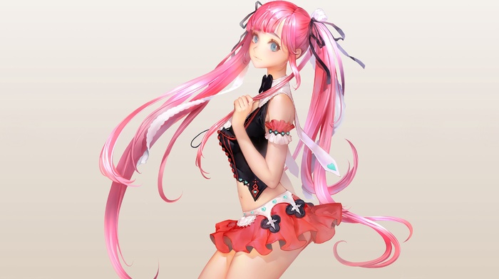 skirt, original characters, blue eyes, pink hair, twintails