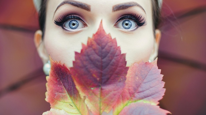 blue eyes, girl, leaves, face