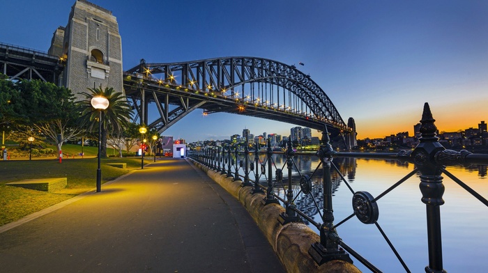Australia, reflection, architecture, lights, Sydney, water, river, sunset, cityscape, evening, street, palm trees, building, bridge, fence