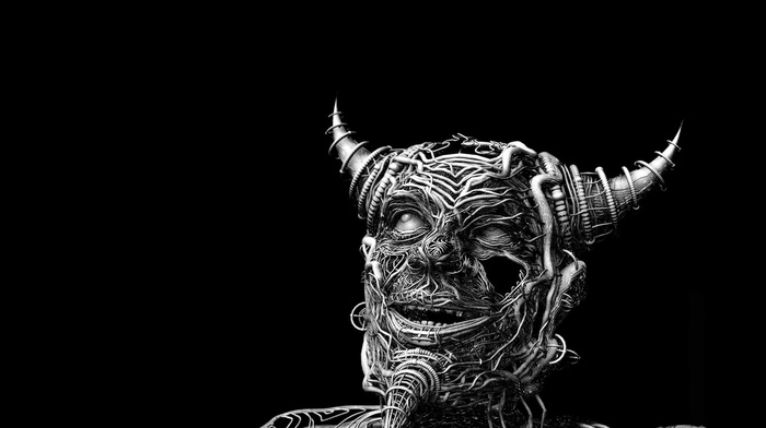 digital art, black background, face, wires, monochrome, horns, smiling, minimalism, creature, looking up