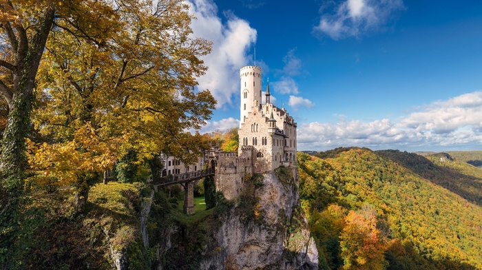 castle, trees, nature, architecture, Germany, tower, forest, clouds, bridge, rock, fall, old building, landscape