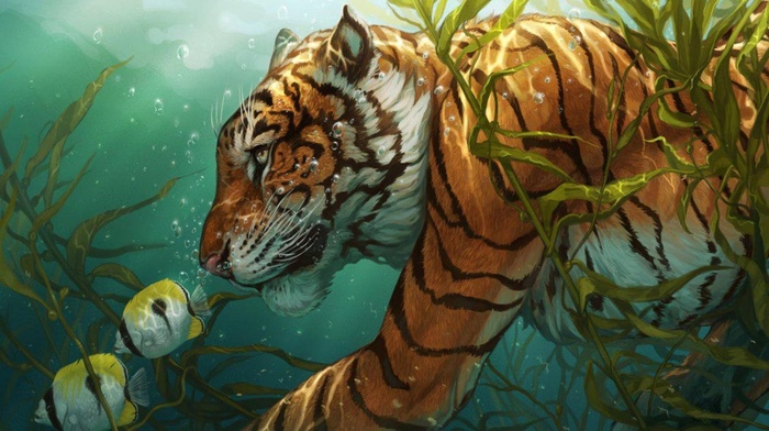 underwater, tiger, artwork, animals, fish, bubbles
