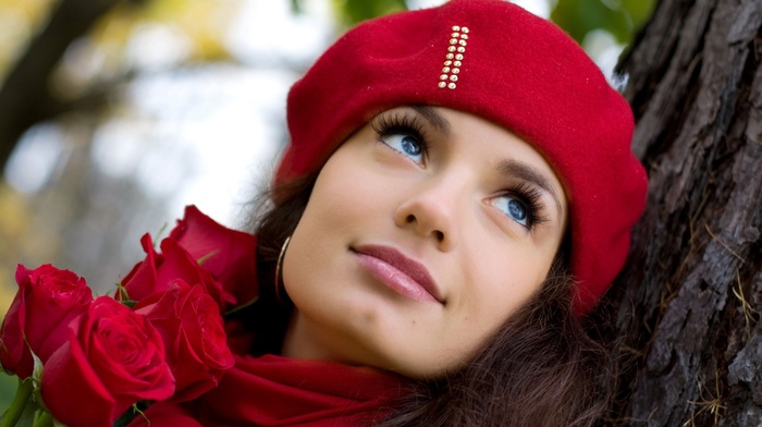 berets, rose, girl, brunette