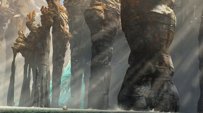 sun rays, How to Train Your Dragon 2, rock formation, concept art, ship