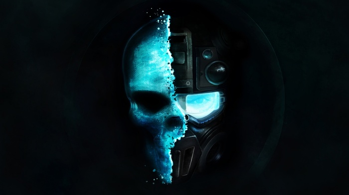 gas masks, goggles, blue background, futuristic, minimalism, skull, circle, digital art, eyes