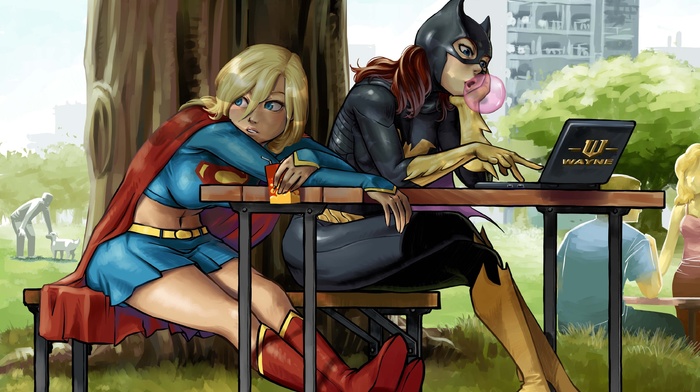 Batgirl, Supergirl, national park, trees, chair, laptop, bubble gum