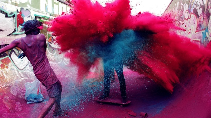 Holi, powder, skateboarding, colorful, India