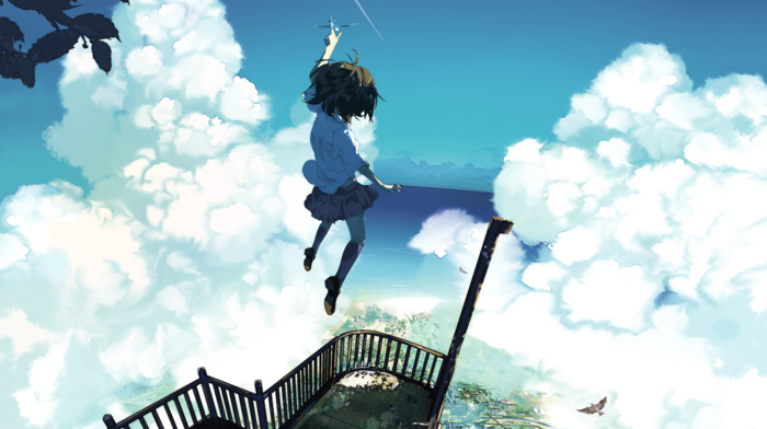 clouds, sky, heights, anime girls, sea, original characters