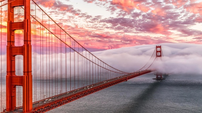 architecture, clouds, golden gate bridge, california, sea, bridge, san francisco, sunset