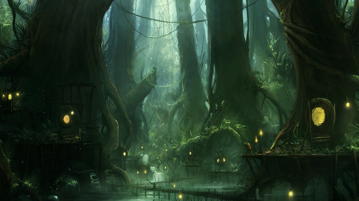 path, fantasy art, lantern, forest, lake, vines