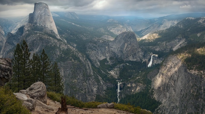 rock, mountain, Yosemite National Park, trees, clouds, landscape, tree stump, forest, nature, waterfall, USA, Half Dome