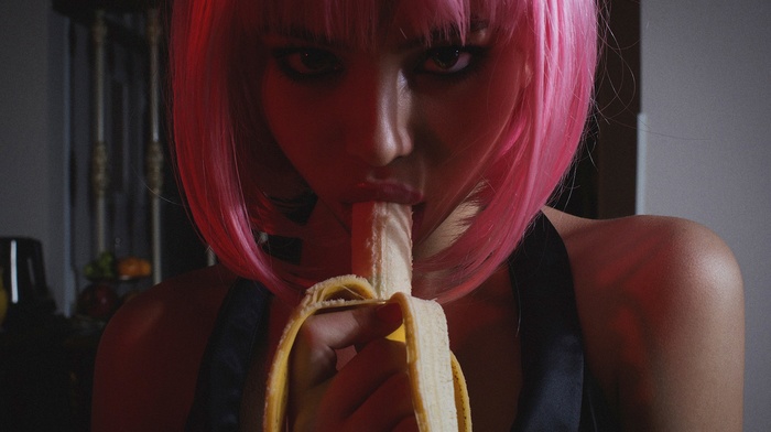 bananas, dyed hair, phallic symbol, looking at viewer, girl, innuendo, juicy lips