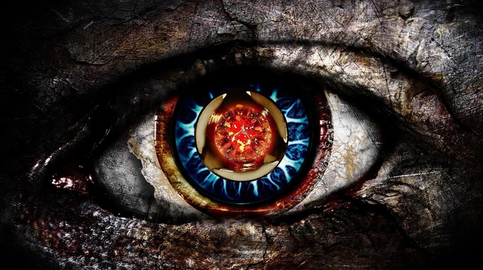 circle, red eyes, creativity, blue eyes, digital art