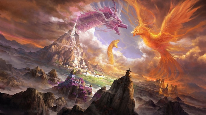 digital art, dragon, phoenix