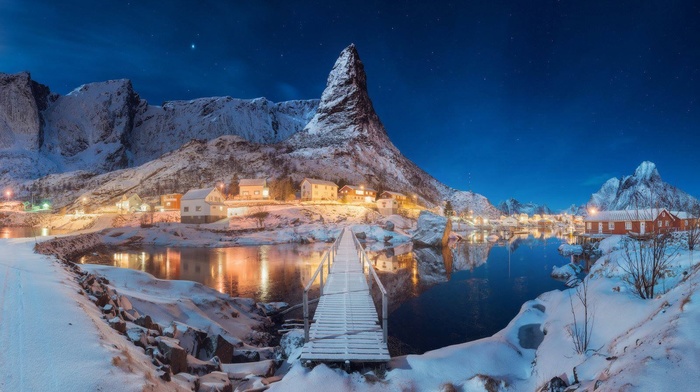 winter, nature, landscape, night, lake, Norway, Lofoten, snow, hill