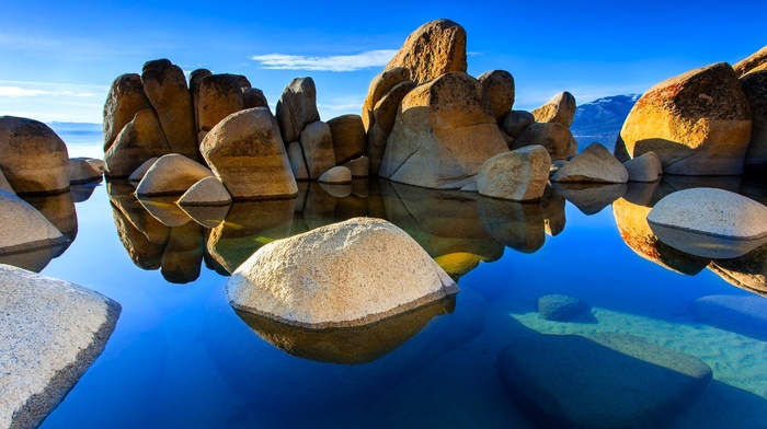 rock, landscape, hill, underwater, calm, water, blue, sunlight, nature, clouds, sea, reflection, stones