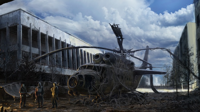 ruin, roots, drawing, digital art, clouds, helicopters, building, fantasy art, trees, soldier, men