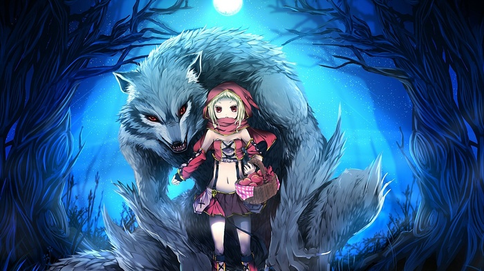 anime, werewolves, anime girls, Little Red Riding Hood