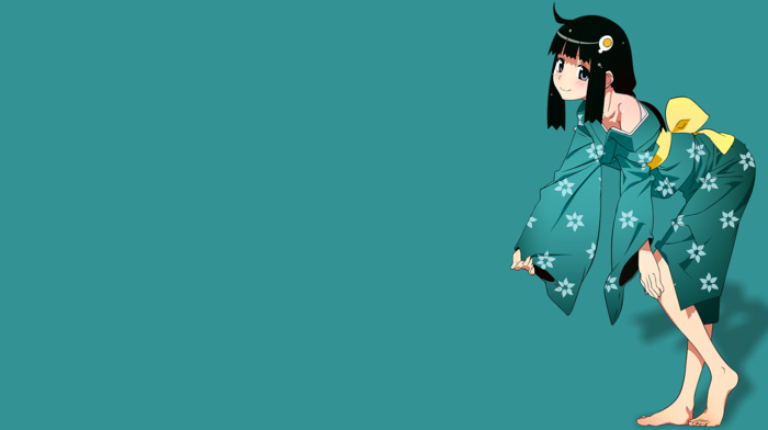 araragi tsukihi, ribbon, simple background, smiling, kimono, anime, anime girls