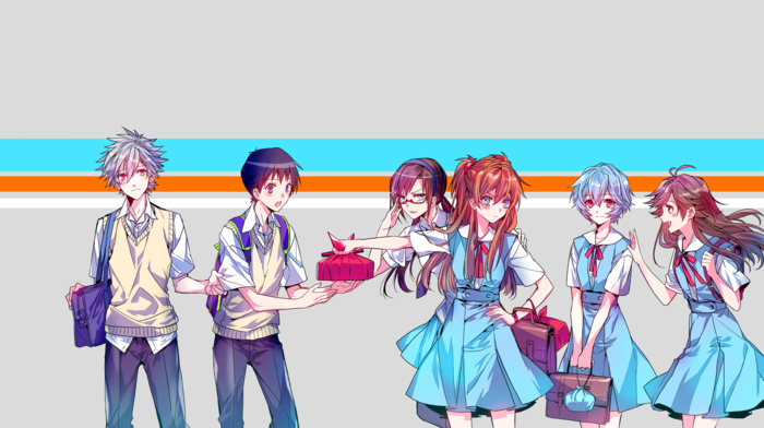 Ayanami Rei, Kaworu Nagisa, anime girls, Makinami Mari Illustrious, Ikari Shinji, Asuka Langley Soryu, anime, school uniform, Neon Genesis Evangelion, ribbon