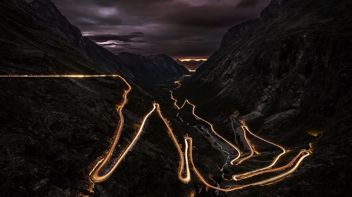mountain, Norway, landscape, hairpin turns, lights, road, night, long exposure