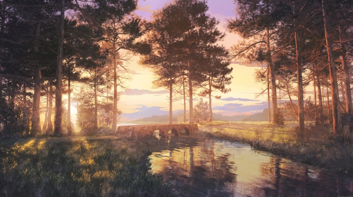 sunset, grass, bridge, forest, river, painting, trees
