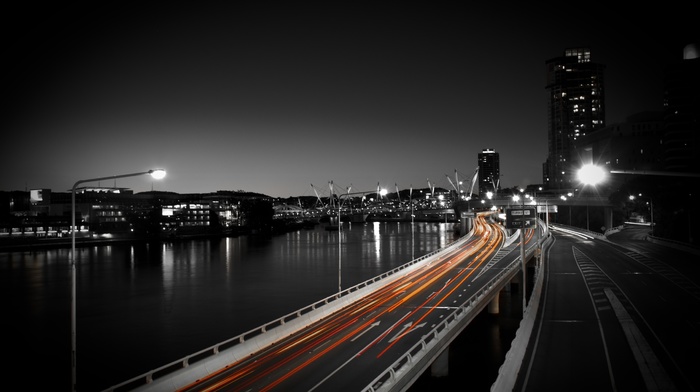 road, street, selective coloring, light trails