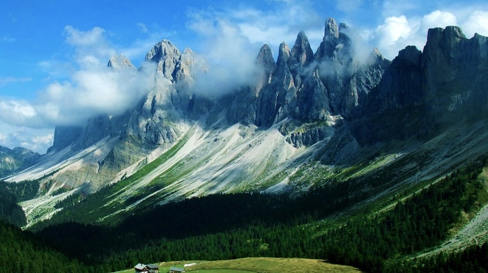 clouds, mountain, green, field, blue, forest