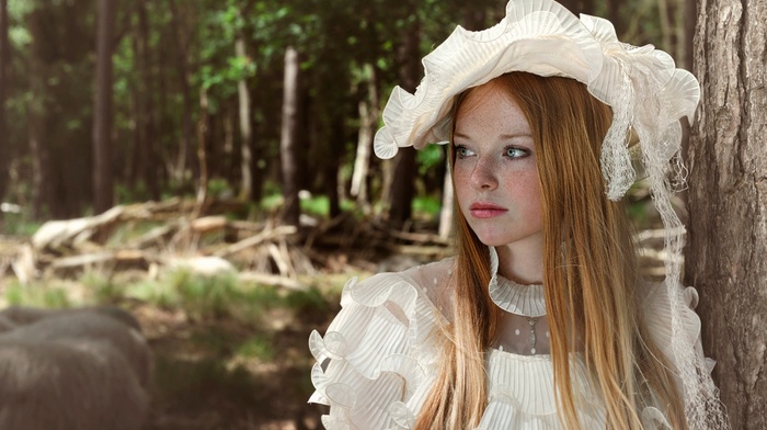 blue eyes, looking away, nature, white dress, forest, sheep, girl outdoors, freckles, trees, model, redhead, girl, long hair