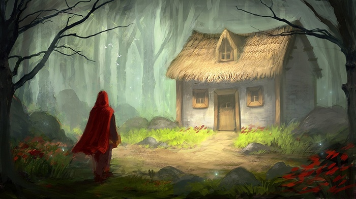 painting, digital art, forest, stones, Little Red Riding Hood, house, trees, fairy tale, grass, fantasy art, flowers