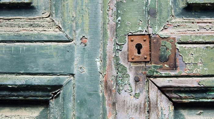 door, wooden surface, rust, screw, lock, wood, abandoned