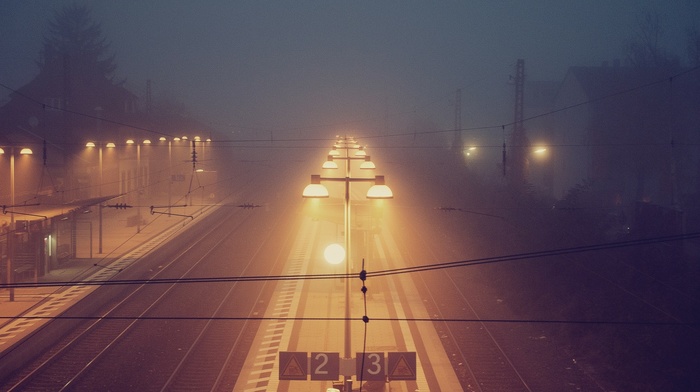 mist, fall, night, train station, warm colors