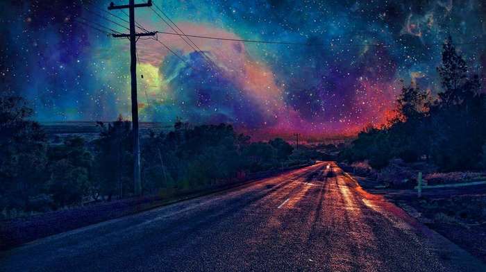 nebula, stars, road, night