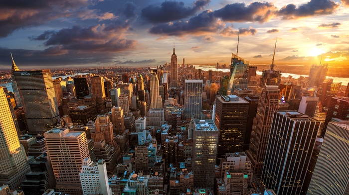 USA, cityscape, skyscraper, city, clouds, sunset, New York City