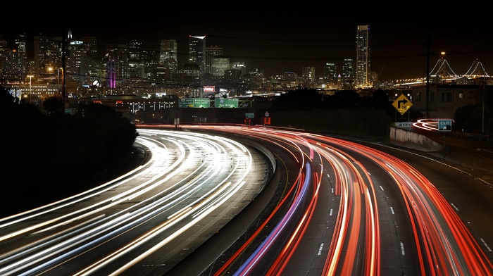 light trails, cityscape, road