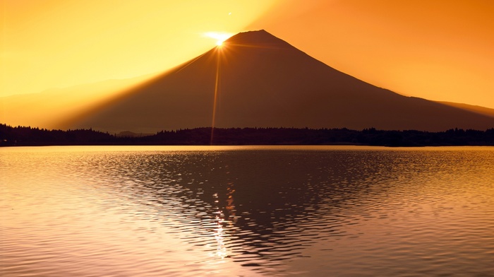 silhouette, Mount Fuji, mountain, lake, reflection, Japan, sunlight