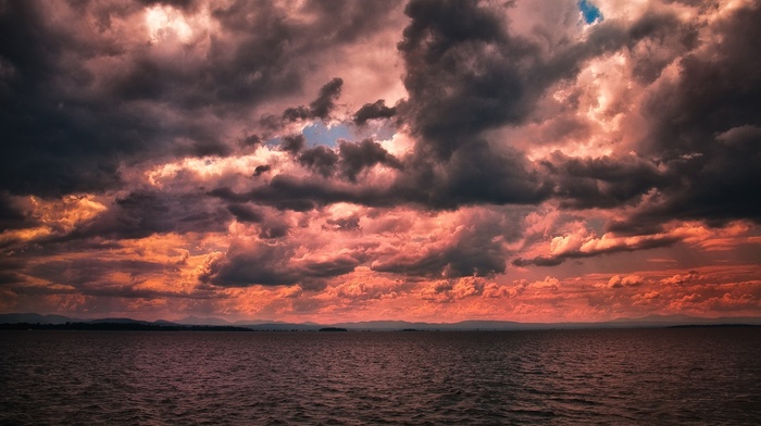 sea, overcast, sunset, clouds