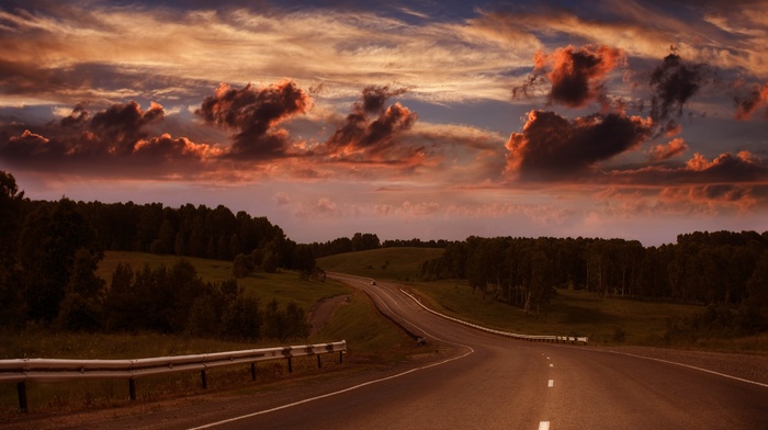 road, clouds, trees, sky