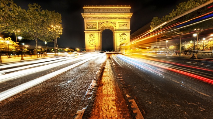 long exposure, road, light trails, Arc de Triomphe, Paris