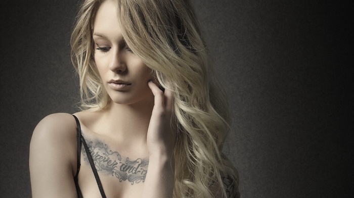 model, chest tattoos, girl, blonde, face